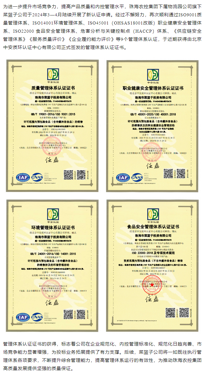 规范内控管理 助力投标业务拓展 乐鱼官方网页版集团旗下菜篮子公司获9个管理体系认证证书.png